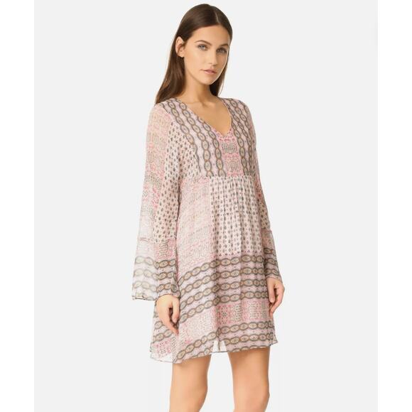 Rebecca Minkoff Pink Redland Bell Sleeve Patchwork Bohemian Mini Dress Small - Picture 1 of 8